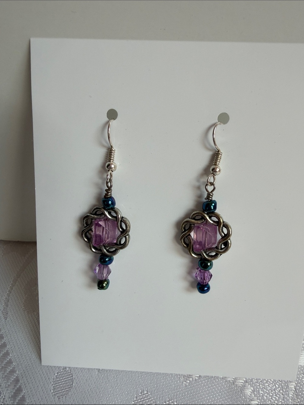 Delicate Purple Glass and Metallic Filigree Dangle Earrings